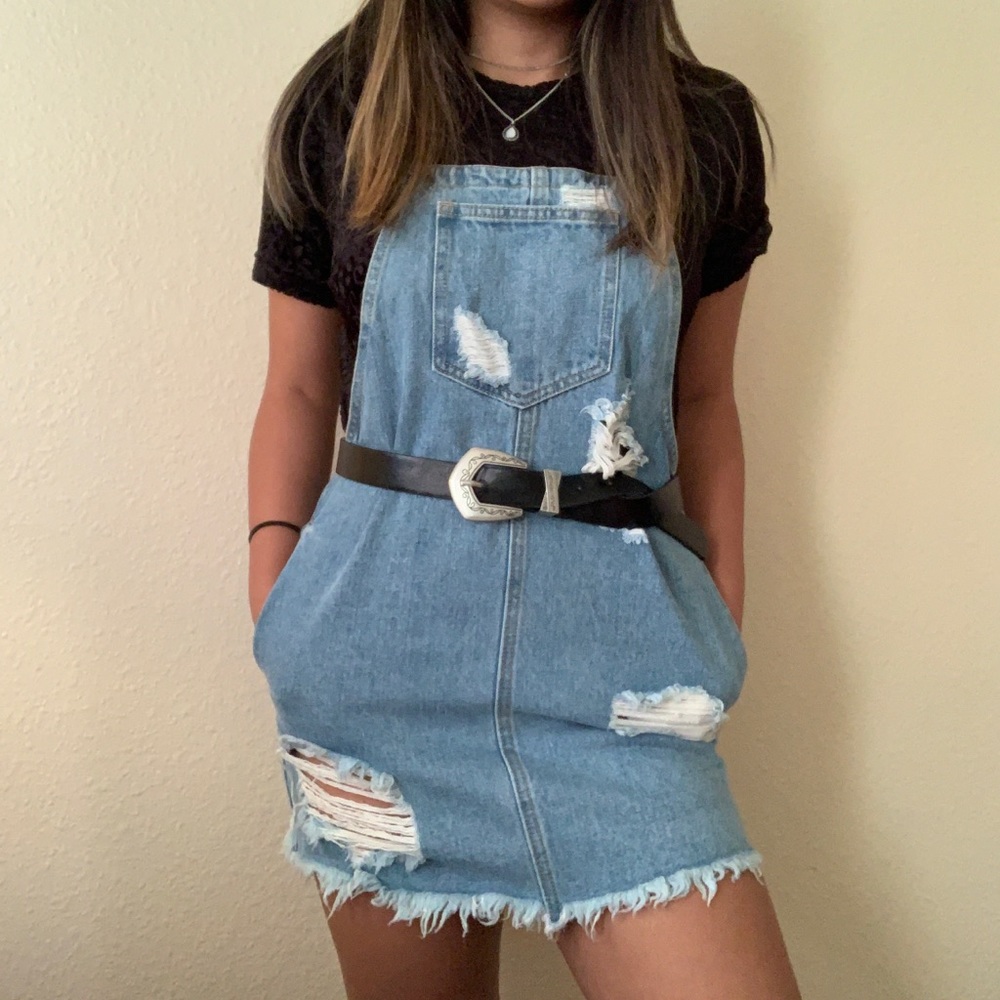 NWOT Distressed Overall Dress